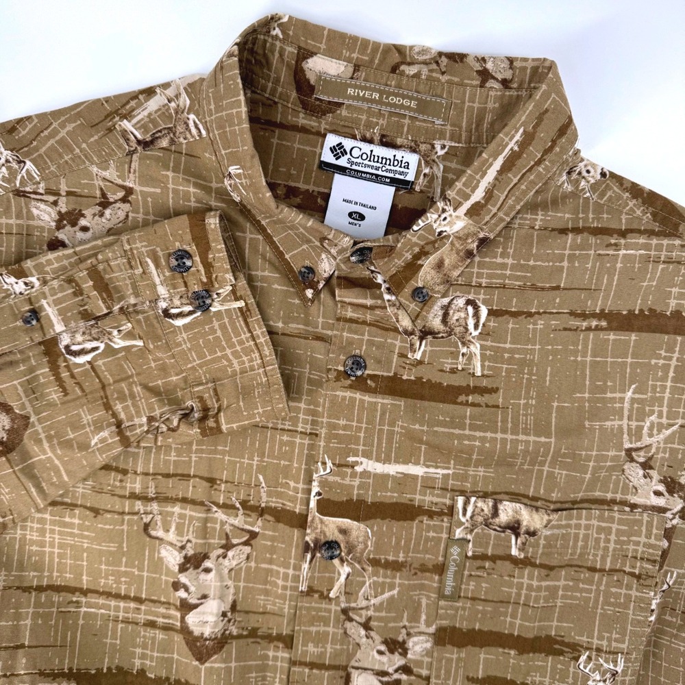 Columbia River Lodge Mens‎ XL Deer Buck Wildlife Print Cotton Button Down Brown